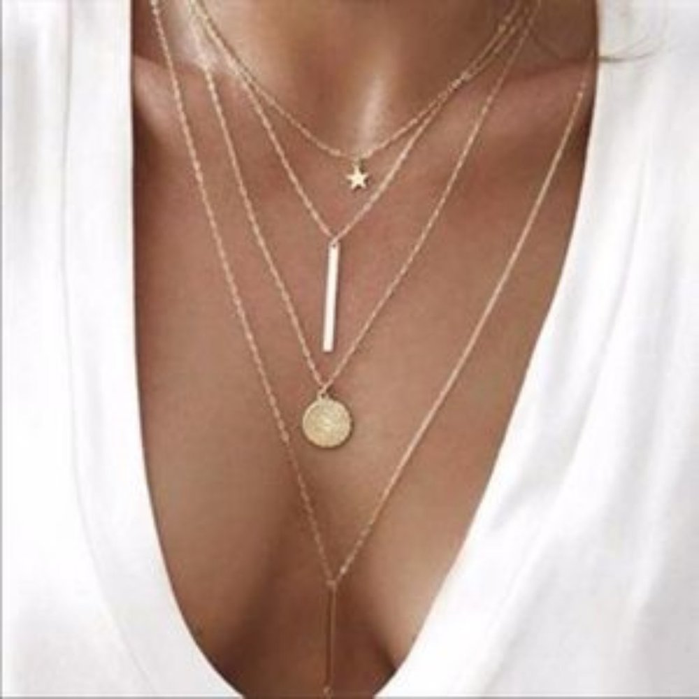 boho bar star layered necklace gold